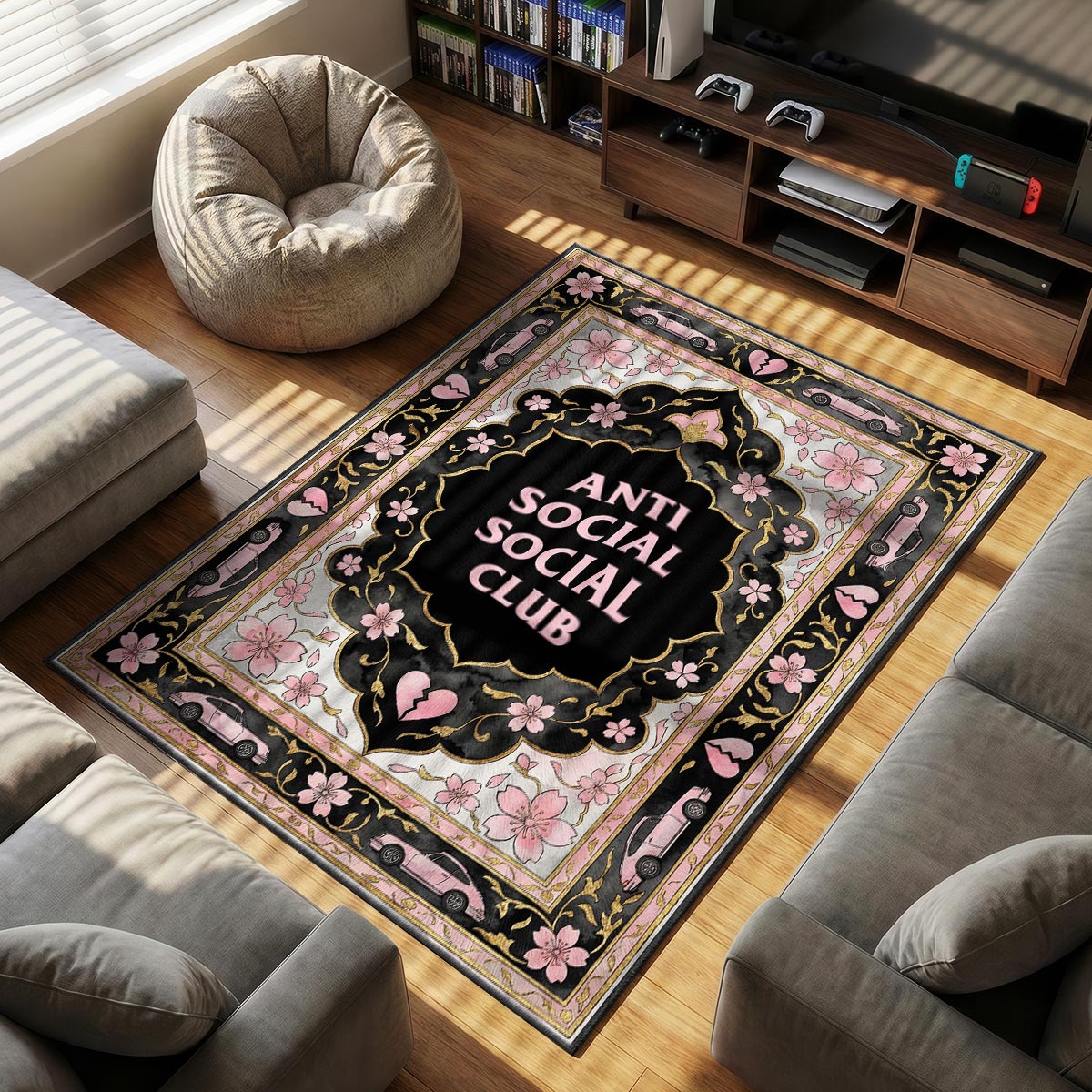 Anti Social themed area rug for home decor fans