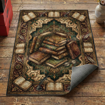 Vintage library book stack area rug with leather-bound volumes quill pens and reading glasses