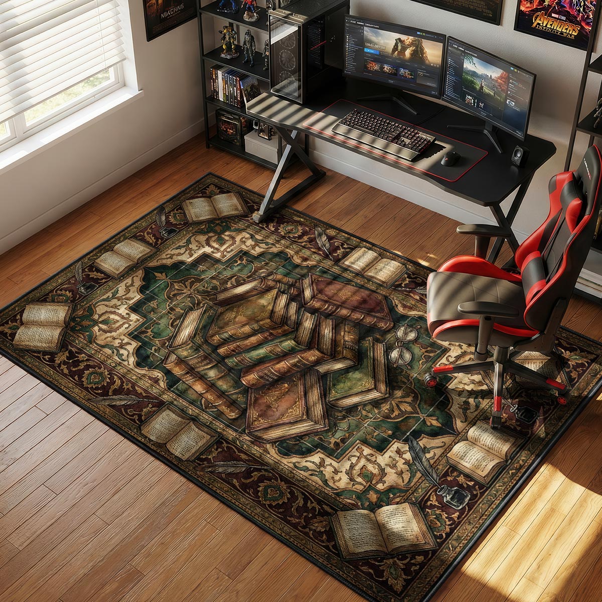 Antique book rug placed in a home library with dark wood shelves and leather reading chair