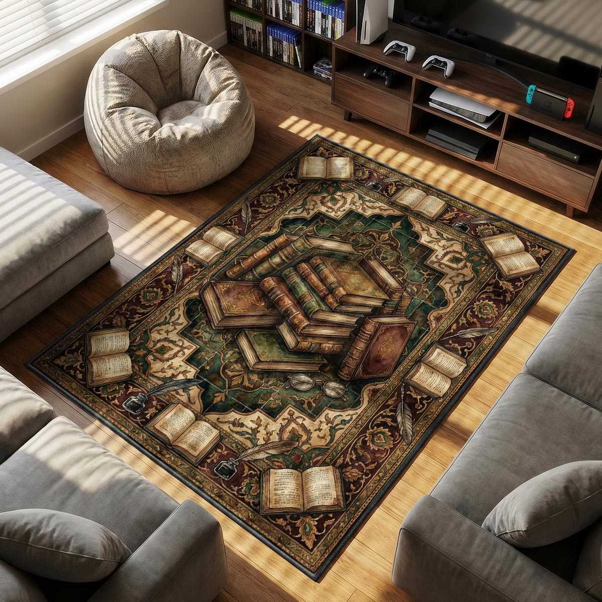 Close-up of book stack rug showing gold spine lettering and leather texture on velvet surface