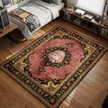 Anya Forger showing her smug heh smile surrounded by peanuts in a pink Persian style area rug and floor mat