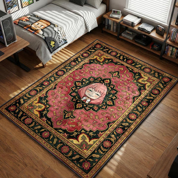 Anya Forger showing her smug heh smile surrounded by peanuts in a pink Persian style area rug and floor mat