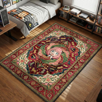 Anya Forger with a shocked expression surrounded by peanuts and hats in a pink Persian style area rug and floor mat