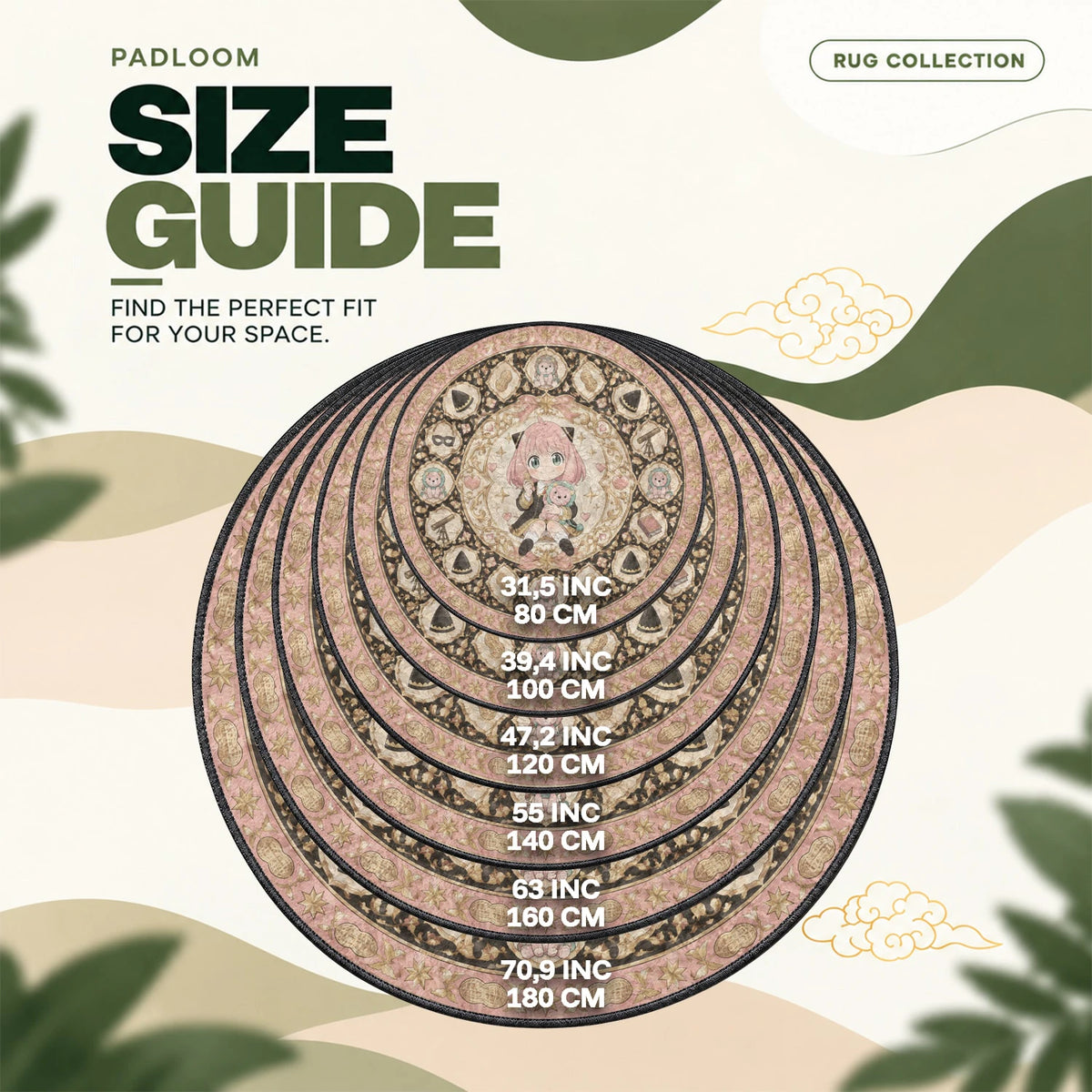 Anya Hugging round rug size guide, 80 to 180 cm (31.5 to 70.9 in)
