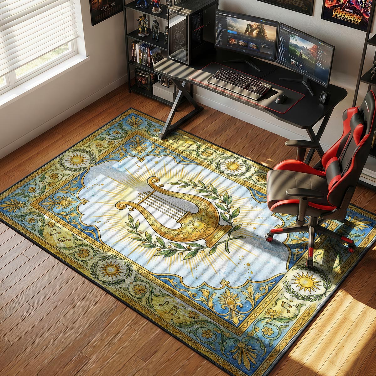 Apollo lyre rug placed in a bright music room beside a piano with natural sunlight