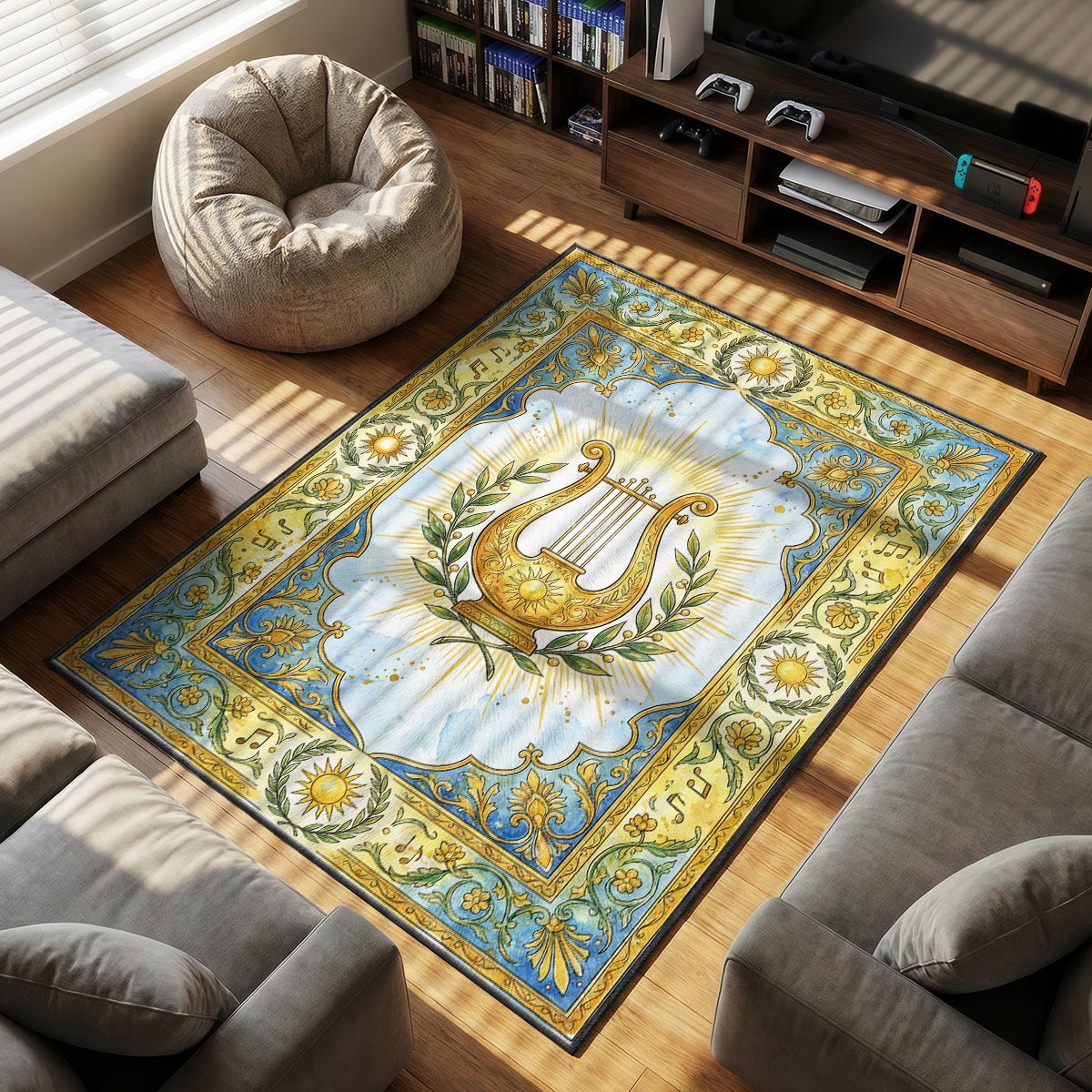 Detail of Apollo rug showing golden lyre strings and laurel leaf texture on velvet surface