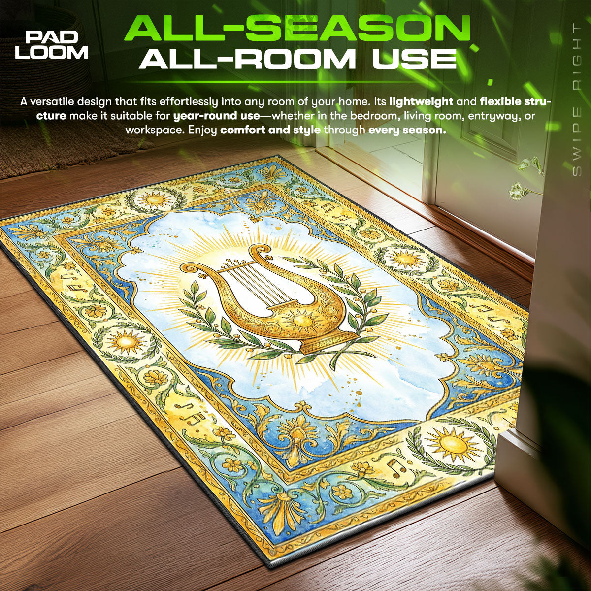 Detailed close-up of Apollo's rug pattern