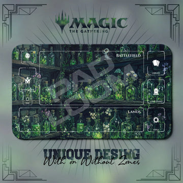 Apothecary Owl MTG playmat, navy and green art with play zones, 24 x 14 in