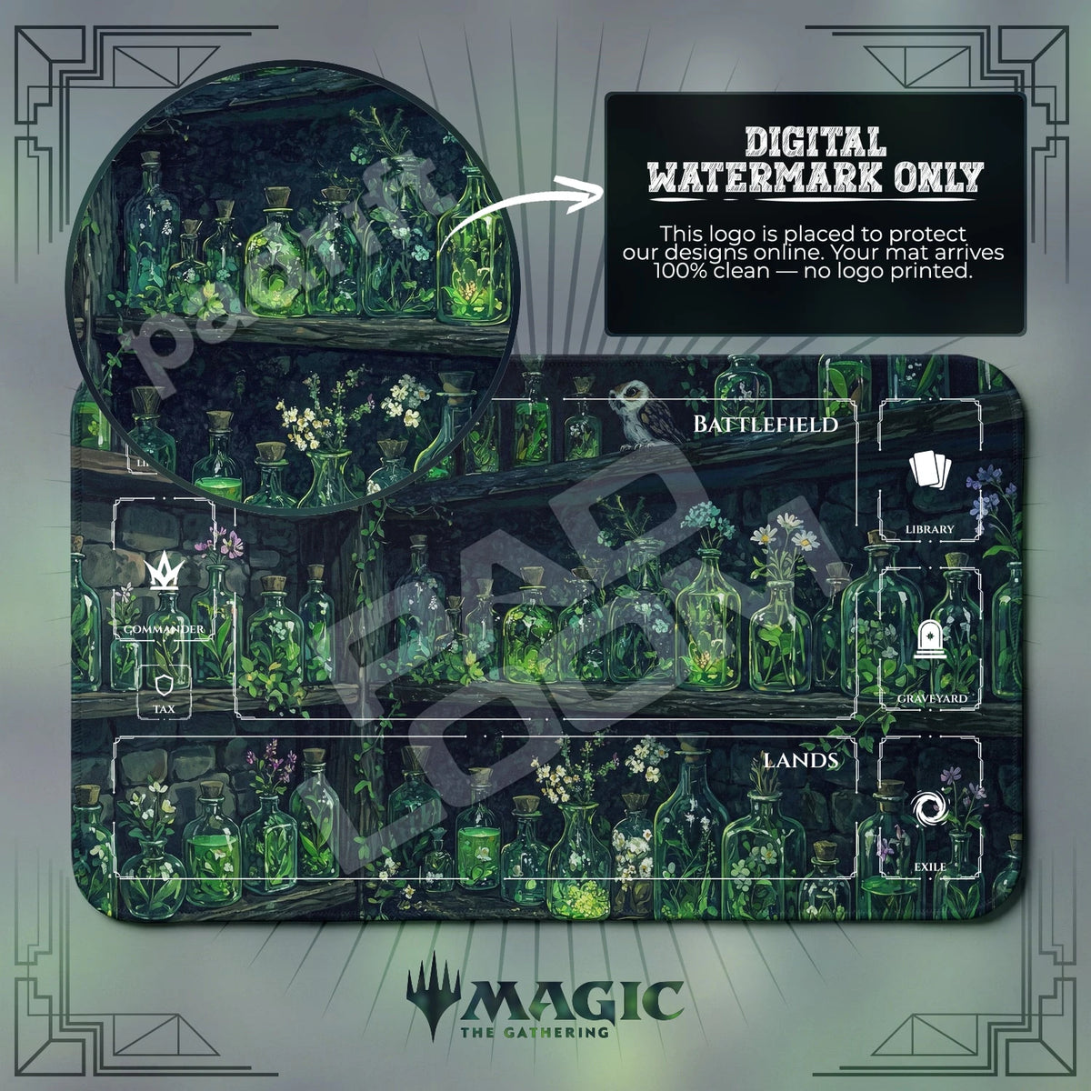 Apothecary Owl MTG playmat with zones; the Padloom watermark is digital only, not printed