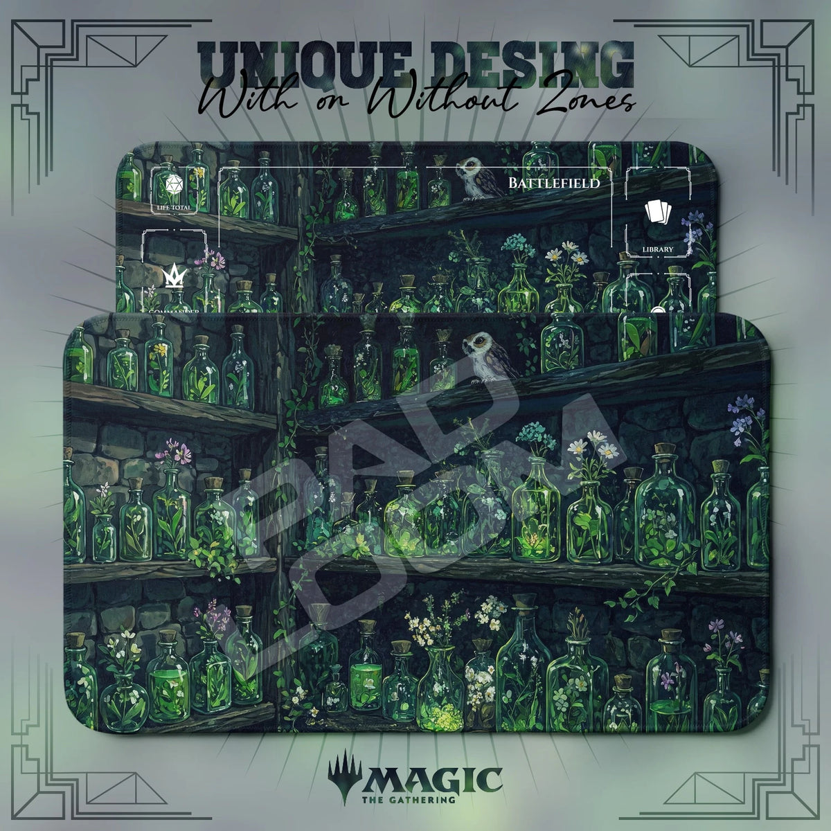 Apothecary Owl MTG playmat shown with zones and without zones