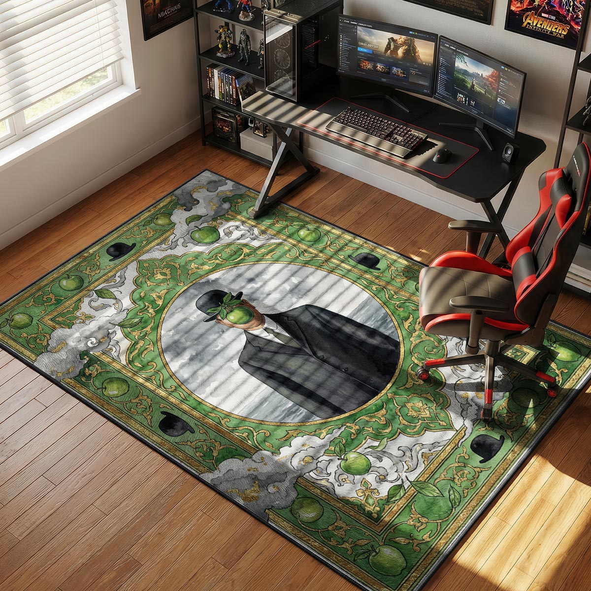 Apple man surrealist rug placed in a modern office with mid-century desk and white walls
