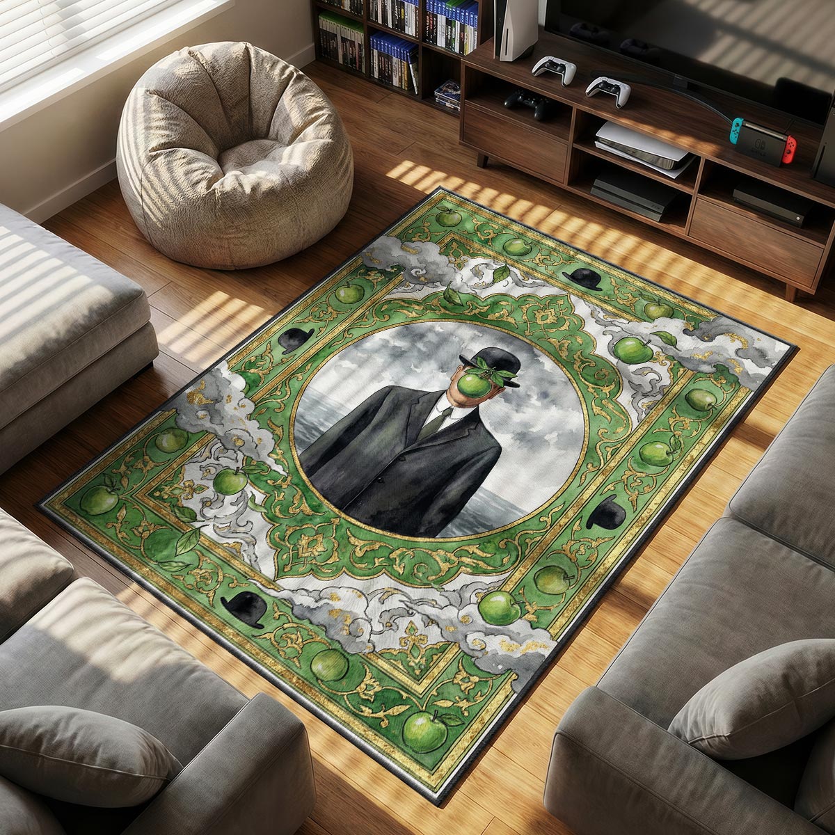 Close-up of apple man rug showing green apple detail and gold scrollwork border on velvet surface