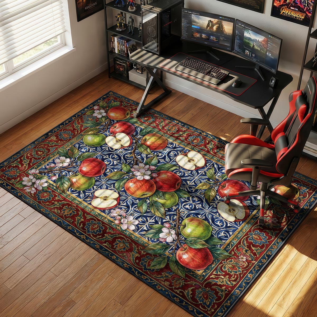 Apple orchard kitchen rug on warm hardwood floor near a baking sheet and pie ingredients