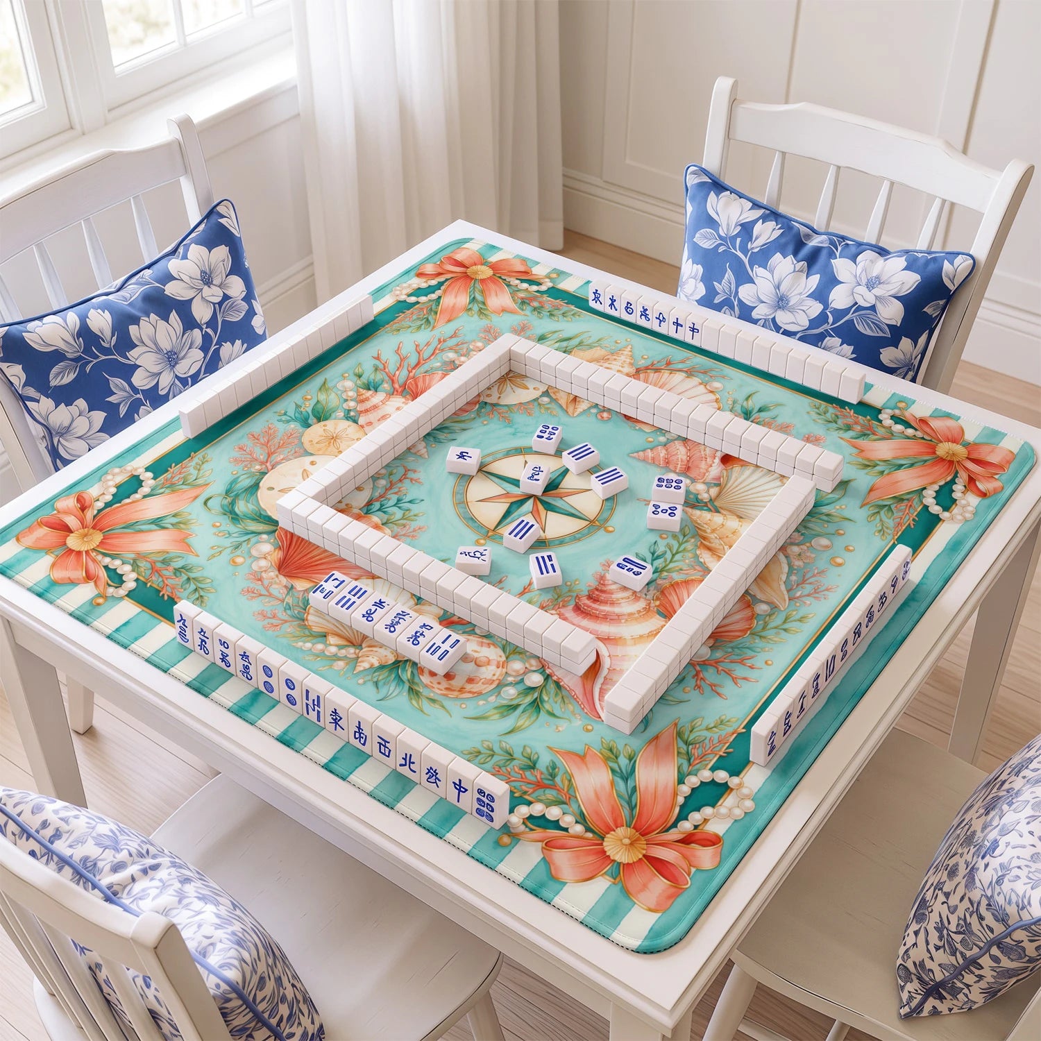Aqua Shell mahjong mat with tiles and racks on the table