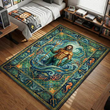 Aquaman holding his golden trident surrounded by ocean waves and seahorses in an ornate watercolor tapestry art style movie themed area rug and home theater mat