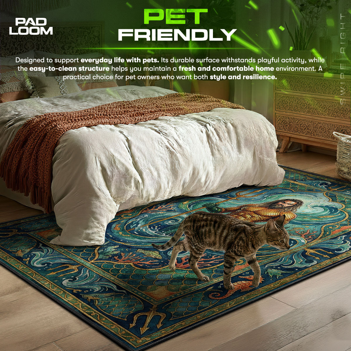 Detailed close-up of Aquaman rug pattern