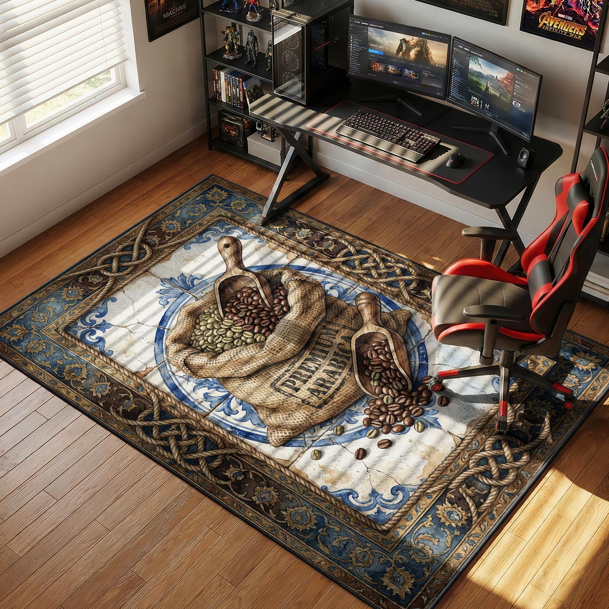 Arabica coffee kitchen rug on white tile floor near a hand grinder and ceramic pour-over