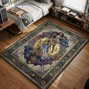 The Arbiter Thel 'Vadam in gold armor holding an energy sword against a purple space background with Covenant cruisers in a royal tapestry style gaming area rug and floor mat