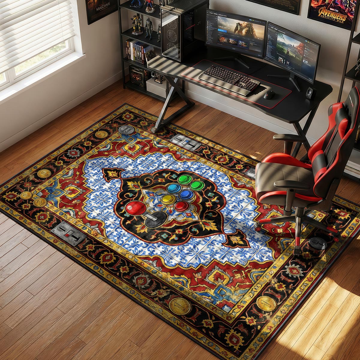 Arcade controls rug placed in a home arcade room beside a cabinet with neon lighting