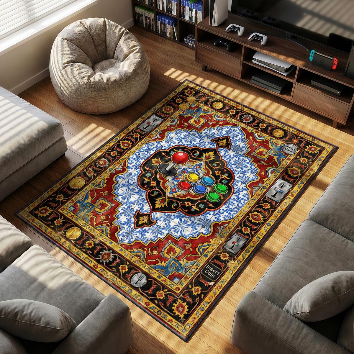 Close-up of arcade rug showing button color detail and coin slot texture on velvet fiber