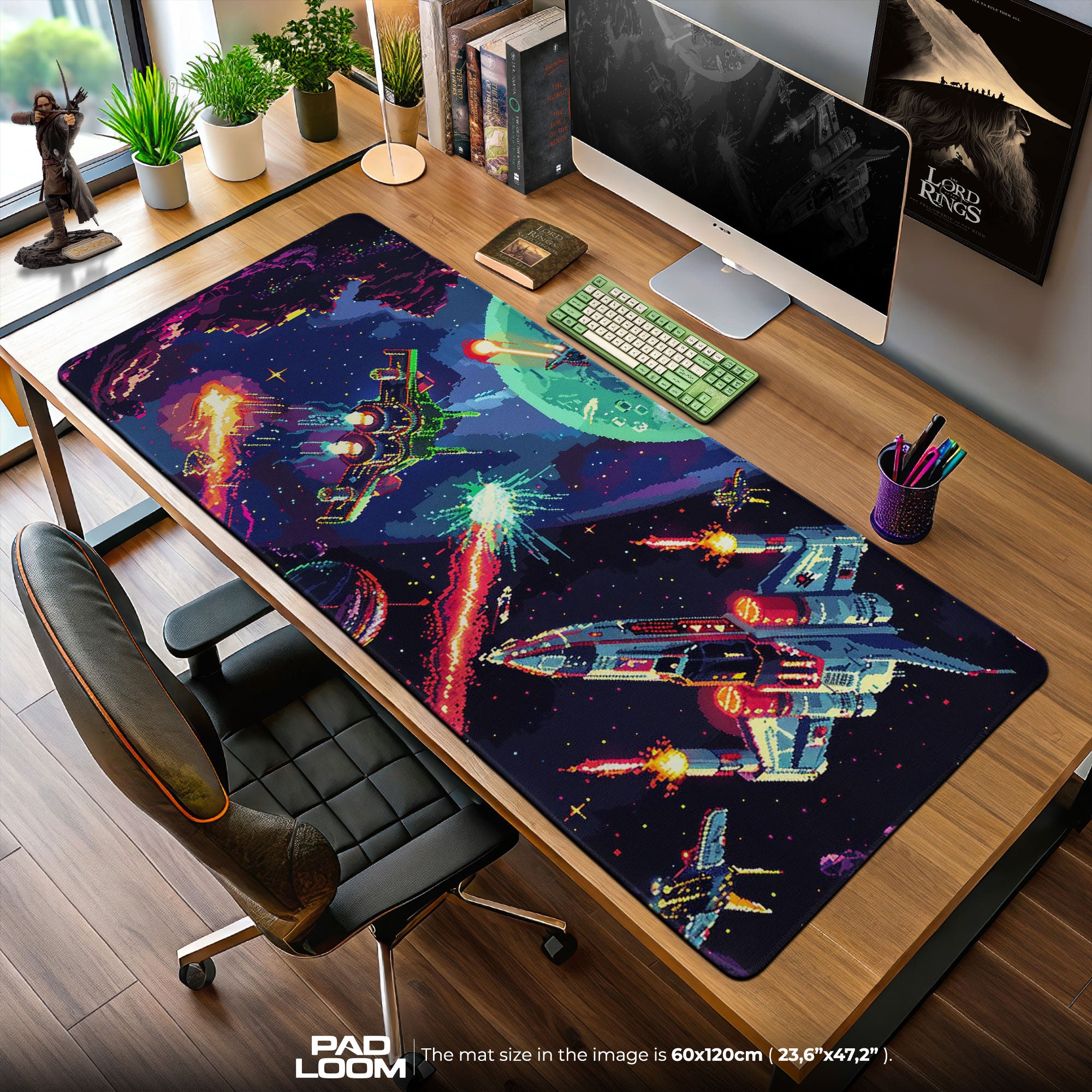 Arcade Space Battle Mouse Pad, Retro Pixel Gaming Desk Mat