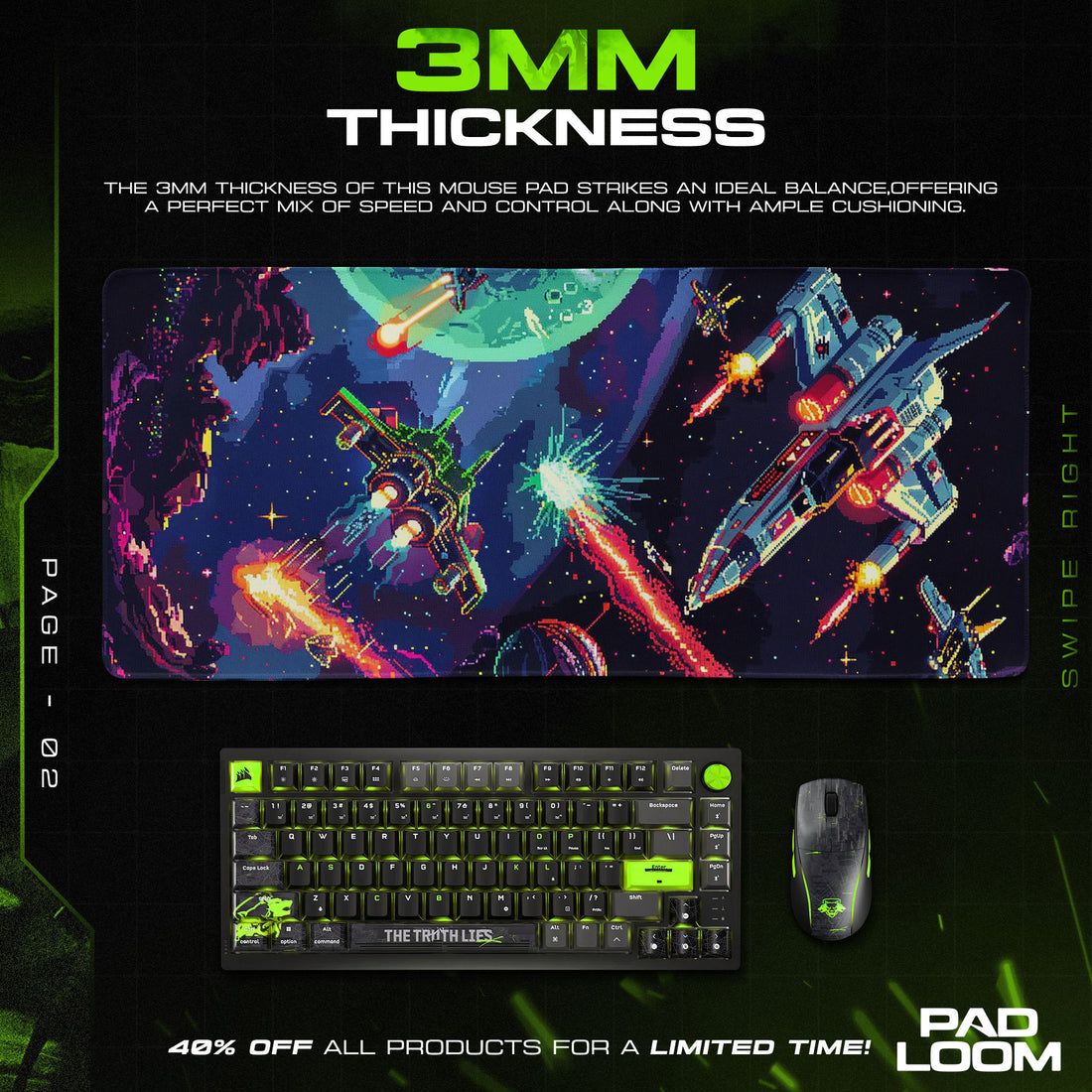 Arcade Space Battle Mouse Pad, Retro Pixel Gaming Desk Mat