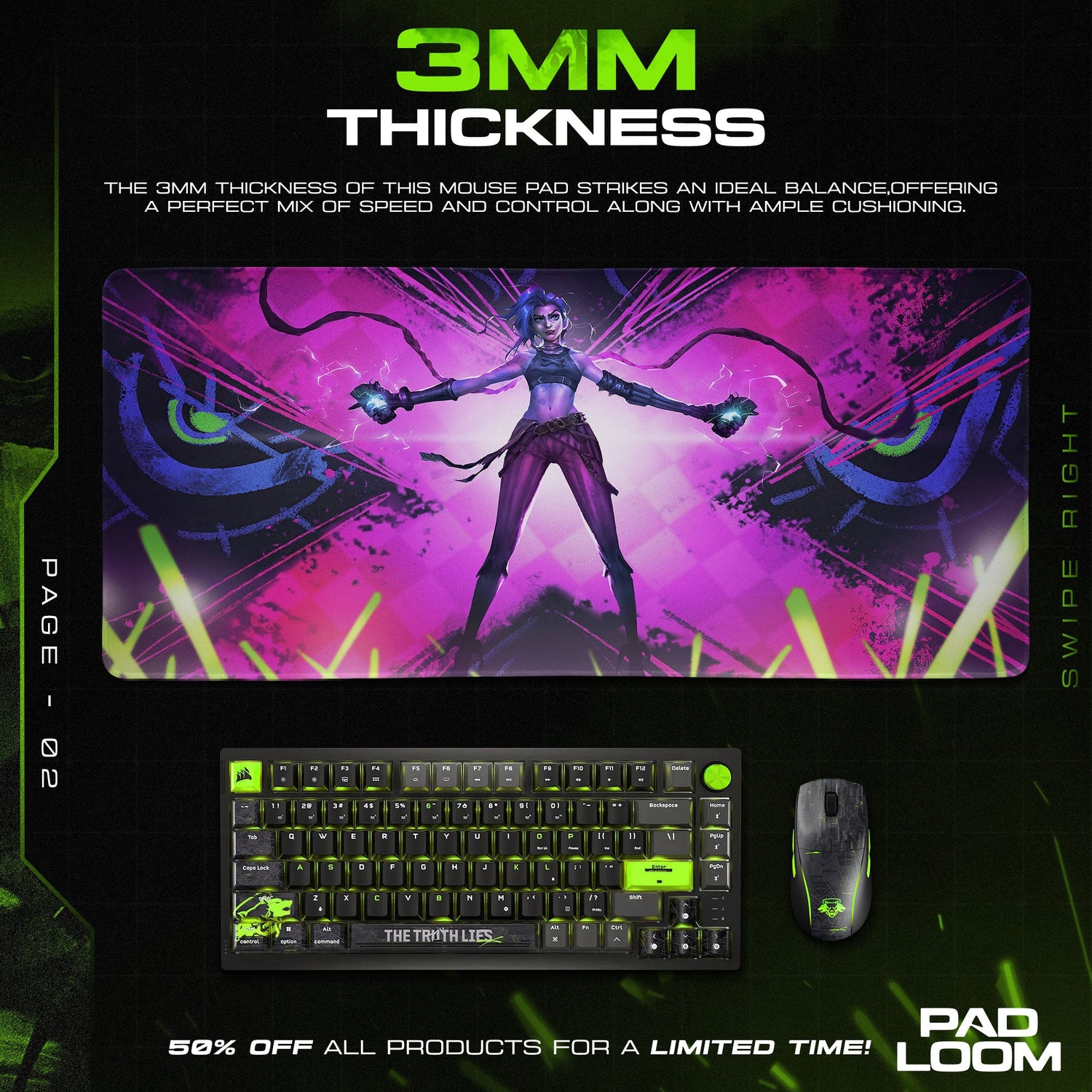 Arcane Jinx Neon Chaos Mouse Pad, League Gaming Desk Mat Padloom