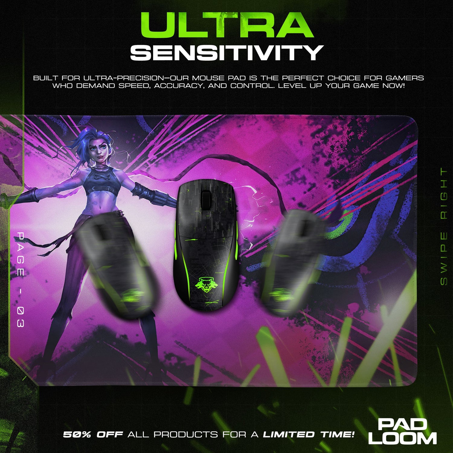 Arcane Jinx Neon Chaos Mouse Pad, League Gaming Desk Mat Padloom
