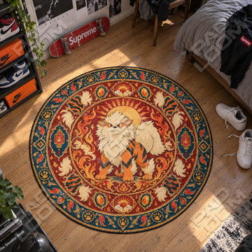 Arcanine Sunburst Pokemon round rug on a bedroom floor - Pokemon chair mat