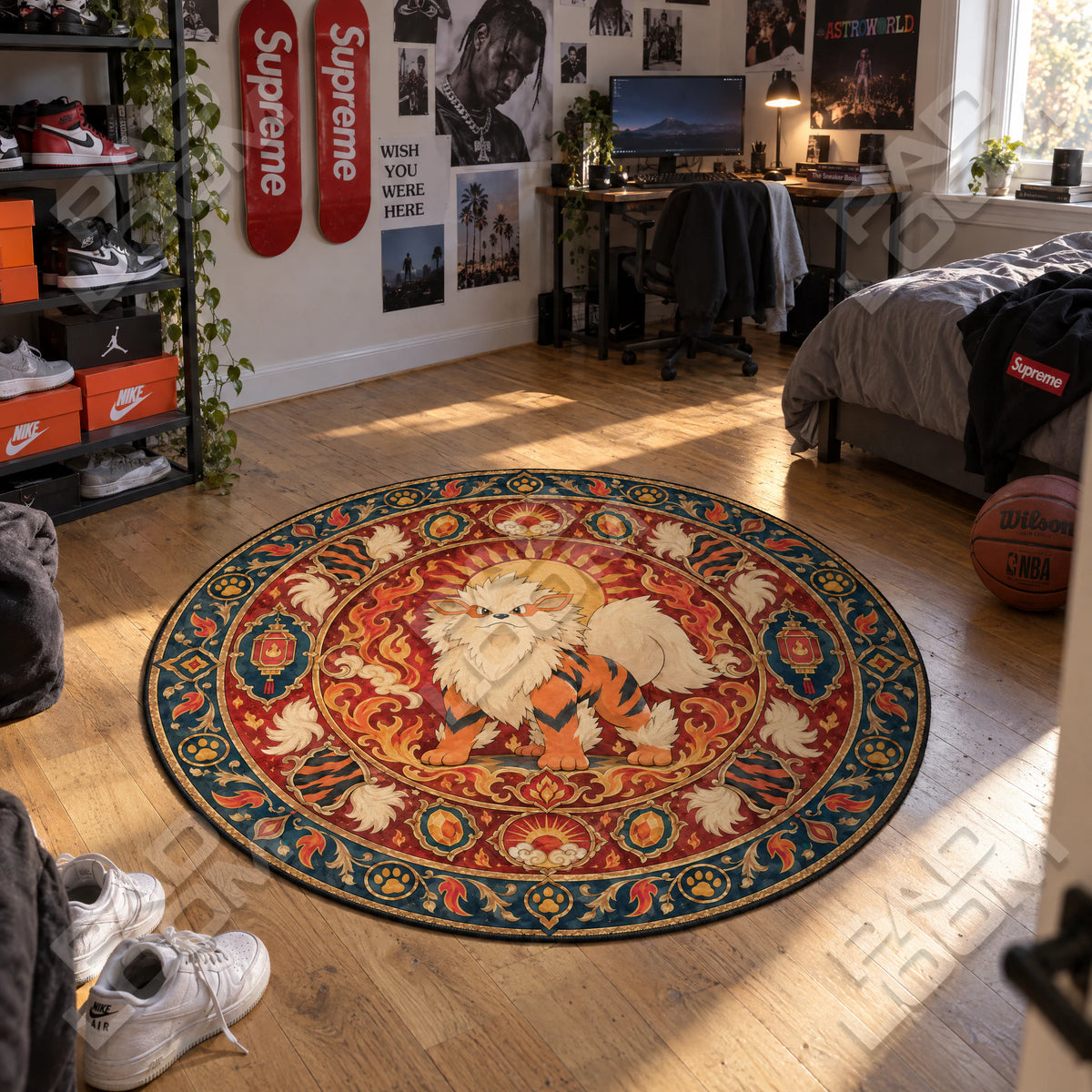 Arcanine Sunburst round rug shown in a styled room - Pokemon area rug