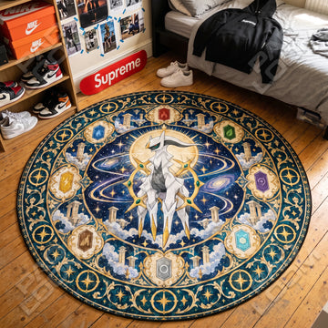 Arceus Galaxy Pokemon round rug on a bedroom floor - Pokemon chair mat