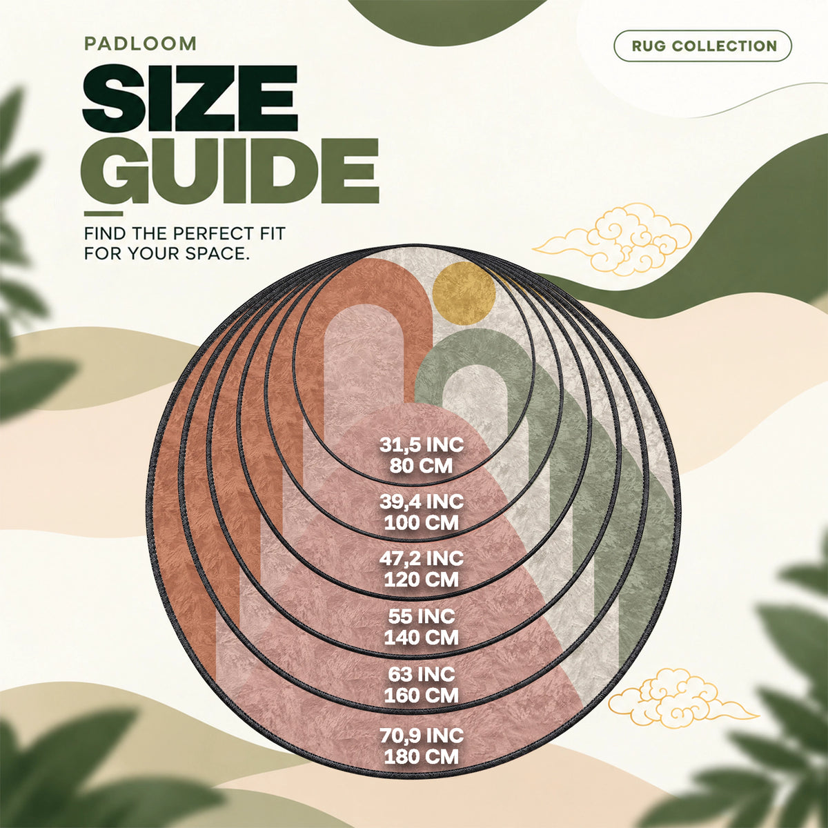Arches Terracotta round rug size guide, 80 to 180 cm (31.5 to 70.9 in)