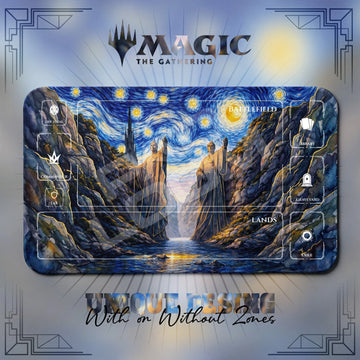 Argonath Starry MTG playmat, navy and gray art with play zones, 24 x 14 in