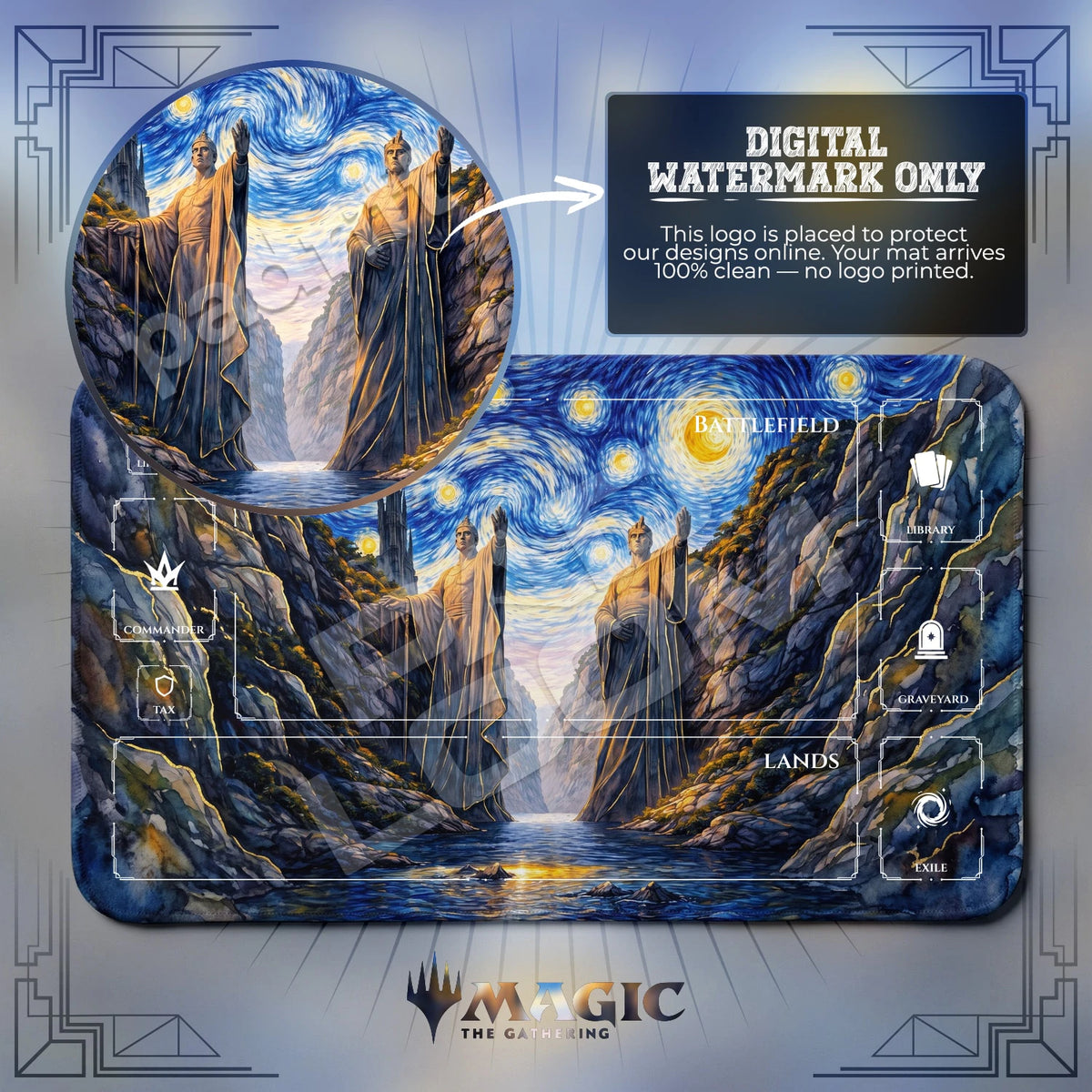 Argonath Starry MTG playmat with zones; the Padloom watermark is digital only, not printed