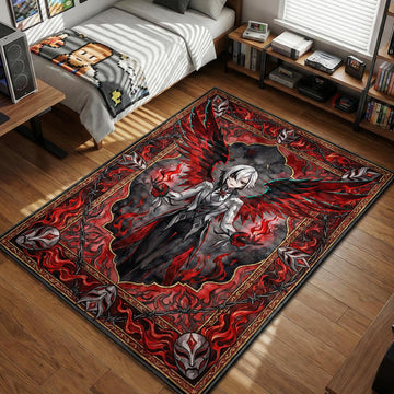 Arlecchino manifesting black and red wings holding crimson fire amidst barbed wire and masks dark art style gaming area rug and floor mat