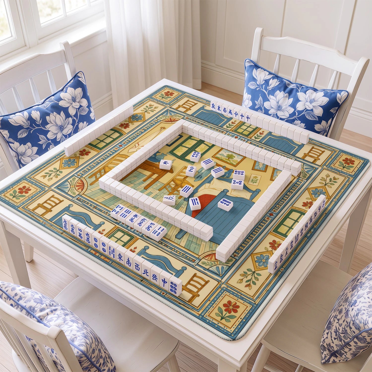 Arles Bedroom mahjong mat with tiles and racks on the table