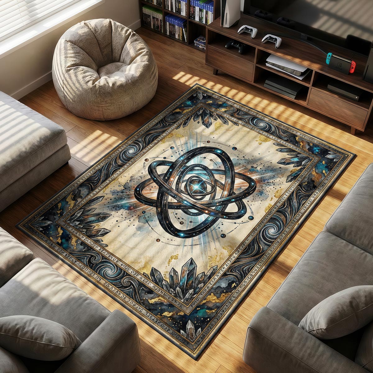 Armillary Artifact themed area rug for home decor fans