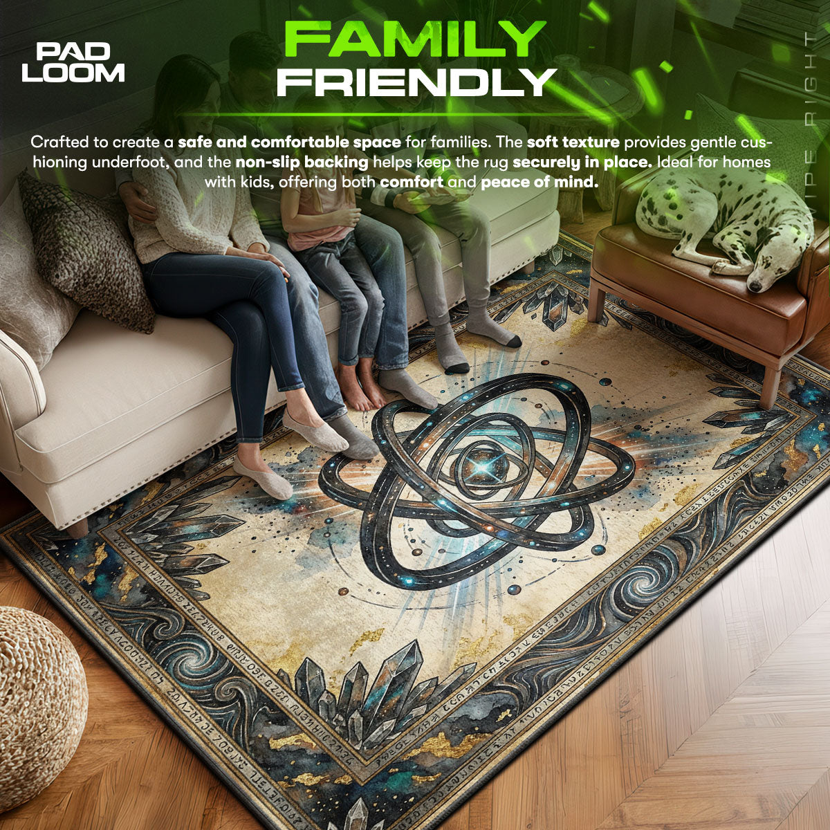 Armillary area rug showing full home decor artwork