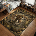 Vintage illustration style Attack on Titan rug depicting the Armored Titan charging forward, surrounded by crumbling stone walls and debris in sepia and golden earth tones.