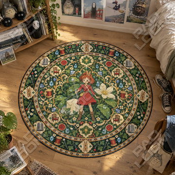 Arrietty Dewdrop Studio Ghibli round rug on a bedroom floor - Studio Ghibli chair mat