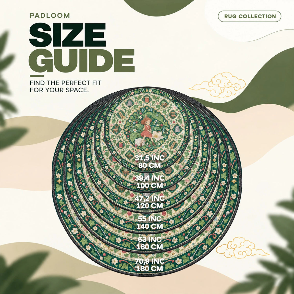 Arrietty Thimble round rug size guide, 80 to 180 cm (31.5 to 70.9 in)