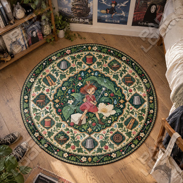Arrietty Thimble Studio Ghibli round rug on a bedroom floor - Studio Ghibli chair mat