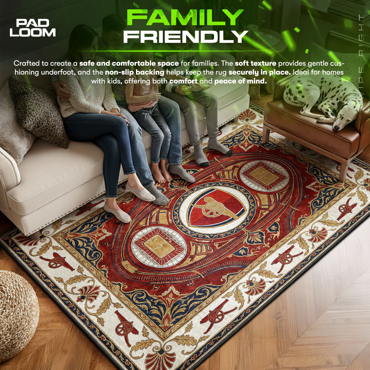 Arsenal area rug showing full home decor artwork