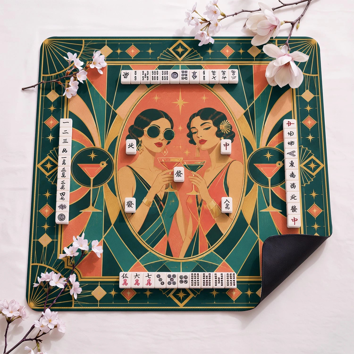 Art Deco Flapper design close-up on mahjong mat surface
