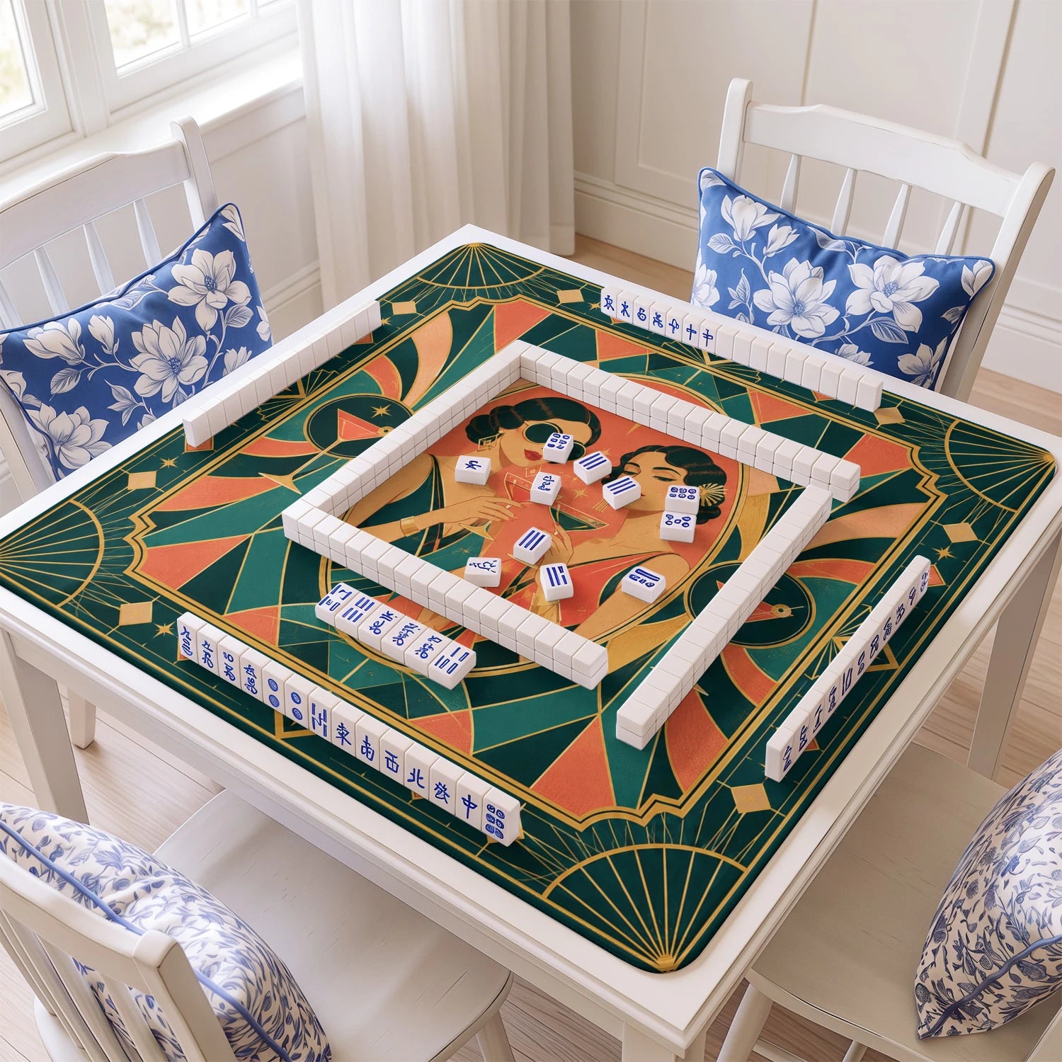 Art Deco Flapper mahjong mat with tiles and racks on the table