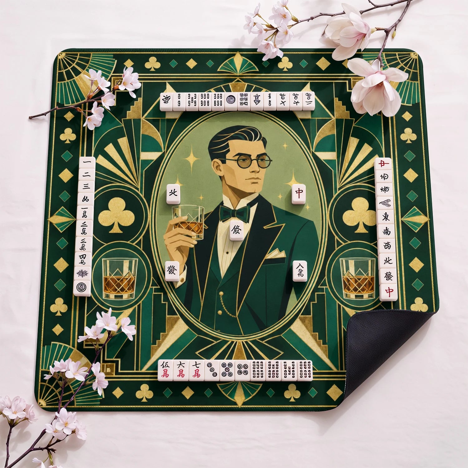 Art Deco Gentleman design close-up on mahjong mat surface