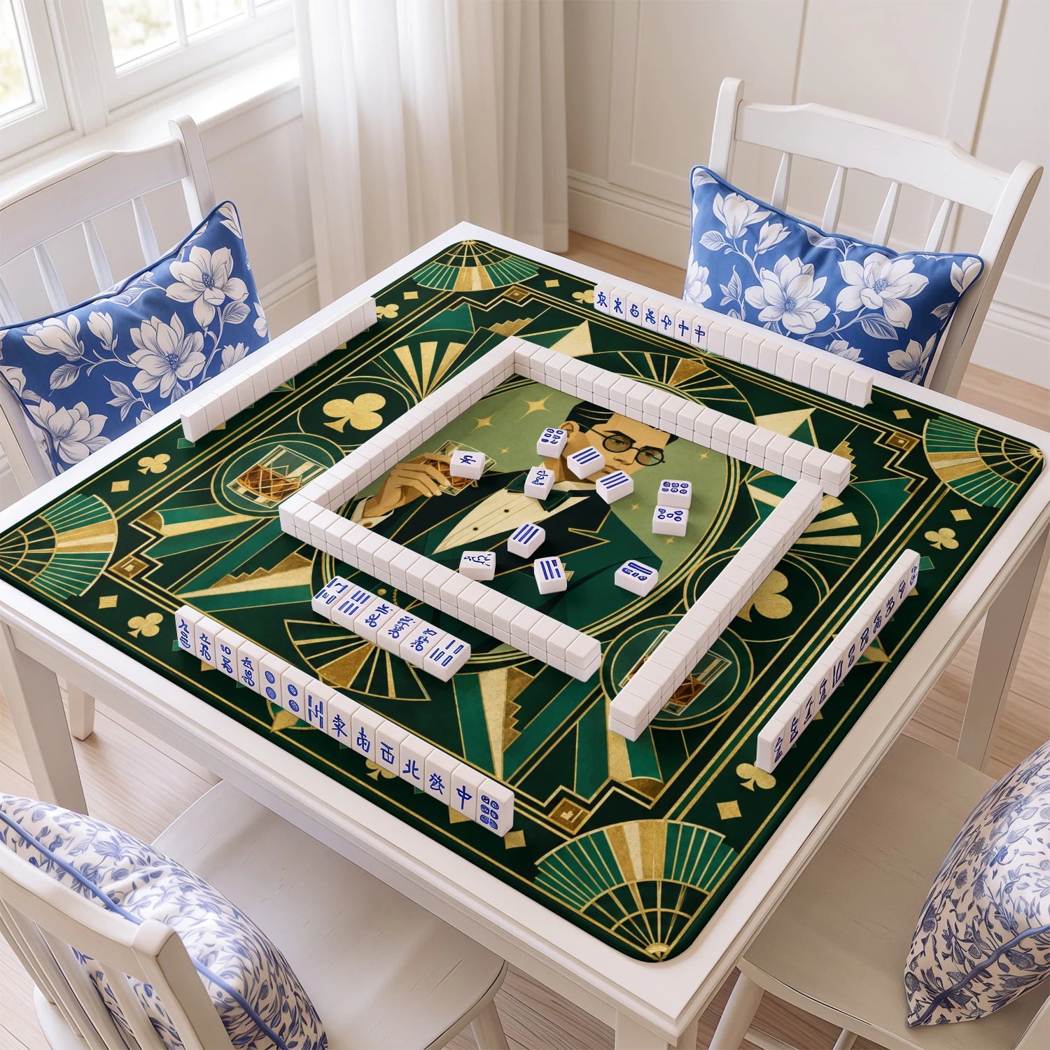 Art Deco Gentleman mahjong mat with tiles and racks on the table