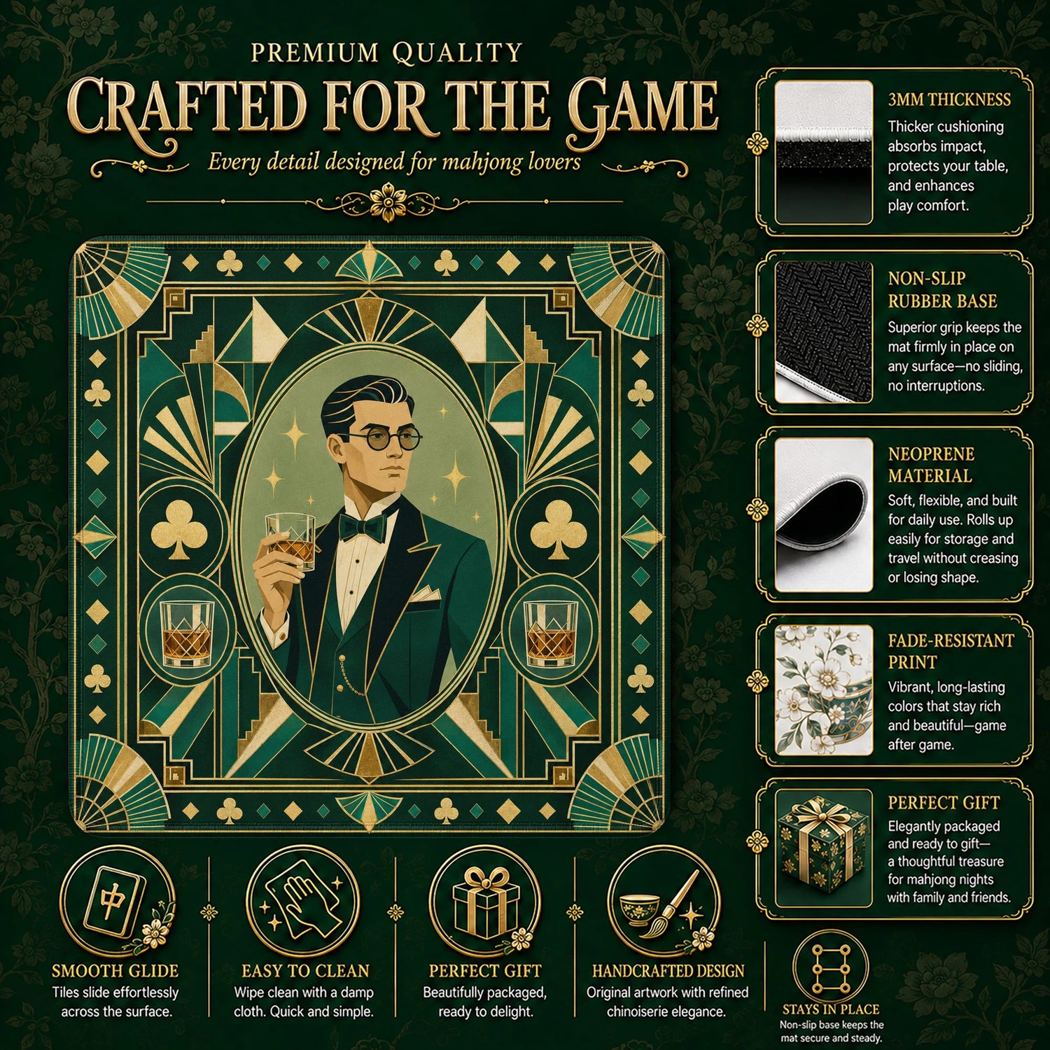 Art Deco Gentleman Mahjong Mat – neoprene mah jongg table mat