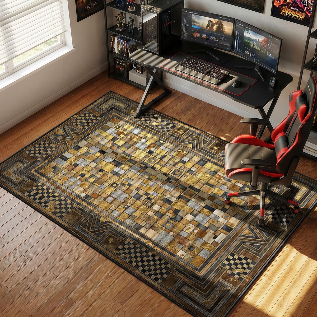 Geometric Deco rug placed in a modern home office with black desk and concrete flooring
