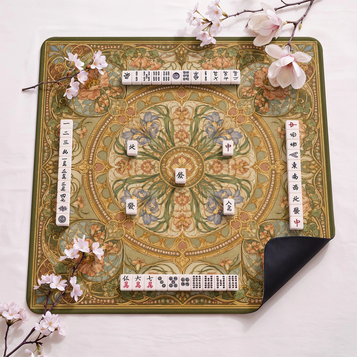 Art Nouveau Bloom design close-up on mahjong mat surface